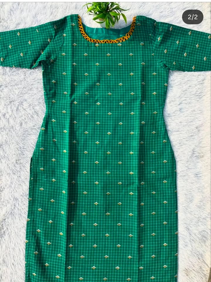 LSV 390 [ Classic green checks elevated by a stunning mustard loop neckline ]
