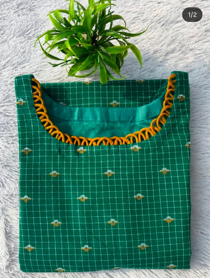 LSV 390 [ Classic green checks elevated by a stunning mustard loop neckline ]