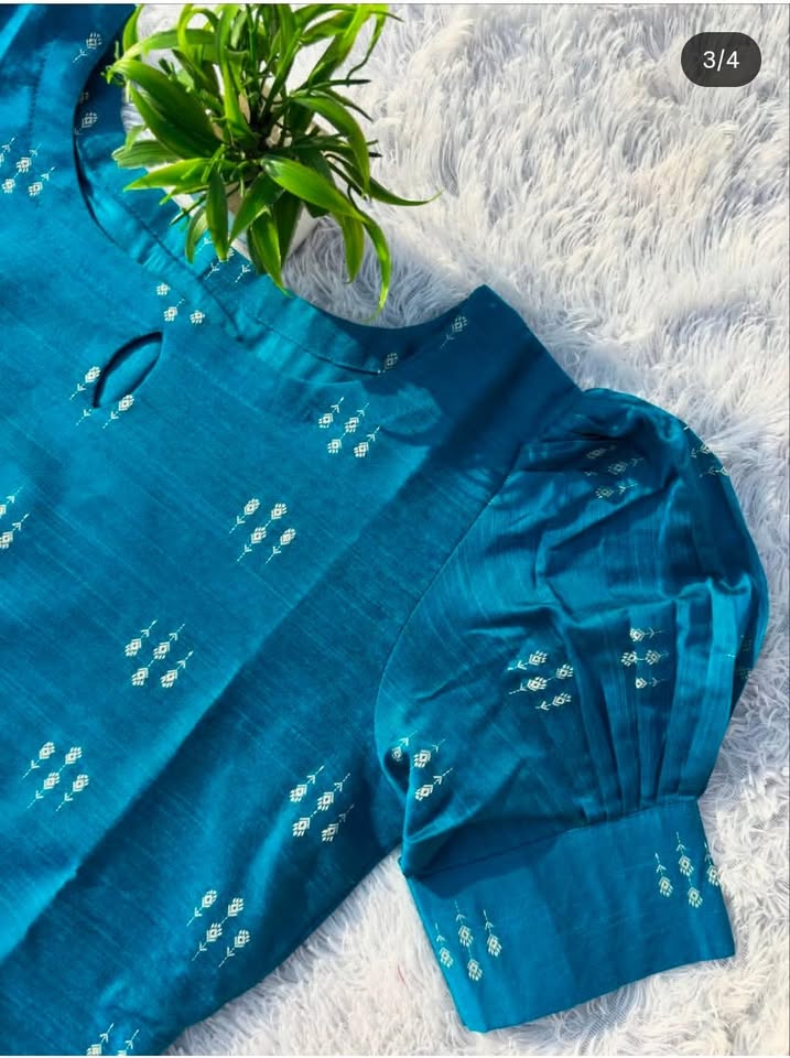 LSV 409 [ Grace meets craftmenship in this stunning teal blue raw silk kurti ]