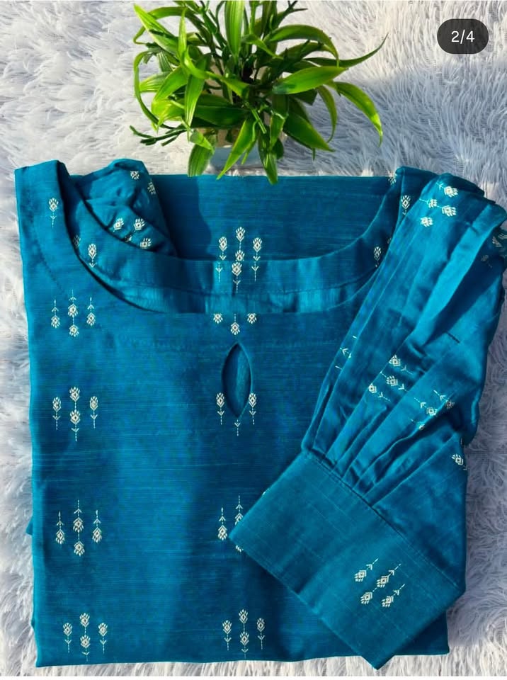LSV 409 [ Grace meets craftmenship in this stunning teal blue raw silk kurti ]