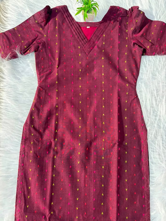 LSV 509 [ A timeless maroon pure cotton kurti with a graceful designer V - neck ]